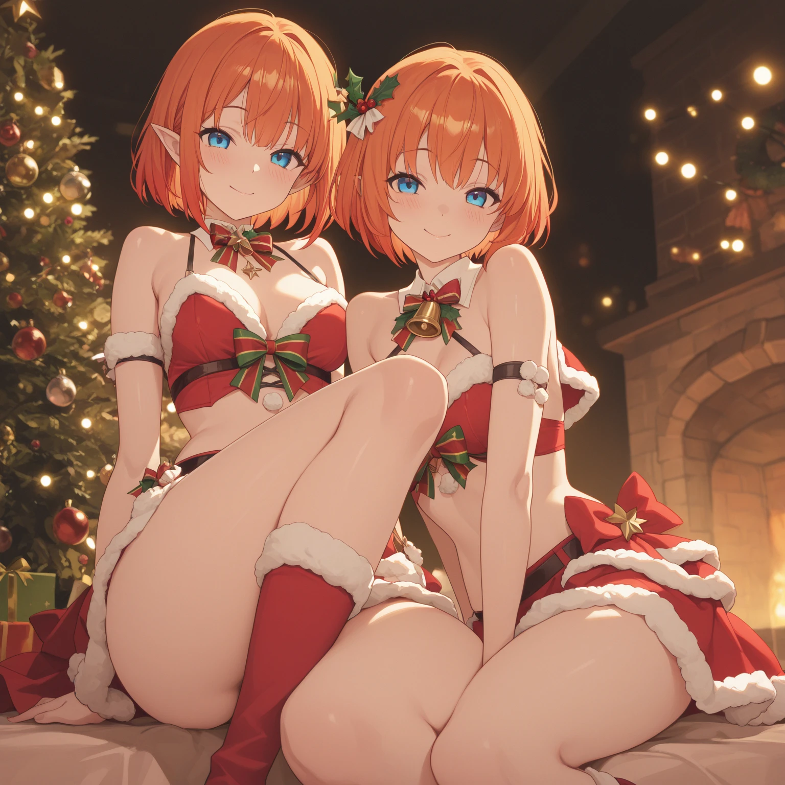 (top-quality,High resolution,(Ultra high definition,4K), (超A high resolution,in 8K),masutepiece:1.2), (Perfect Anatomy,Anatomically accurate), (Angle from above), (Soft lighting, 光线追踪), (((Sitting on a sofa in the lobby of a luxury hotel, legs spread to the left and right.))), (Two cute high school girls), High-definition beauty face, (santa claus), Cute panties, ((Cosplay costumes)), (Crisp double eyelids), (fascinated expression),(Large breasts:1.3),(Soft skin), (Photorealistic), (Glowing skin), (colourful hair)