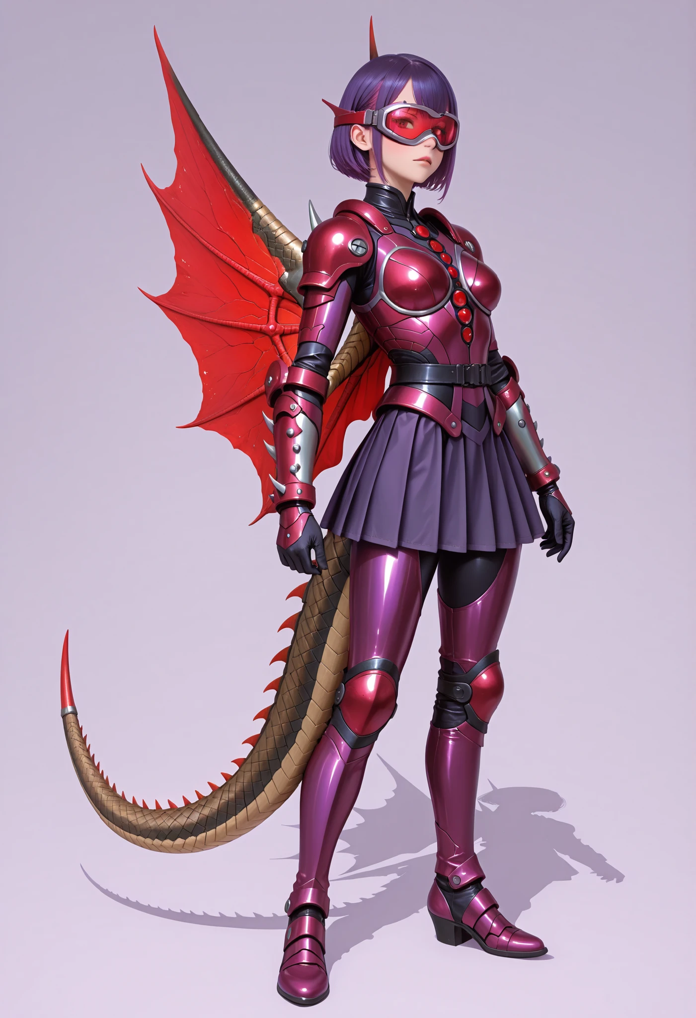 Gigan Girl. Purple hair. Short hair. Red bangs. Sharp eyes. Red cyber goggles. Purple metallic bodysuit. Cyber bodysuit. Skirt armor. Blade arms. Tail. Curved waist. Blades. Red fin-shaped wings.
