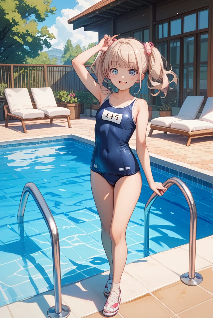 top-quality、Full limbs、complete fingers、Slender beauty、One、ssmile、embarassed expression、White Sailor School Swimsuit、knee high、straighten your legs、Put your hands on your hips