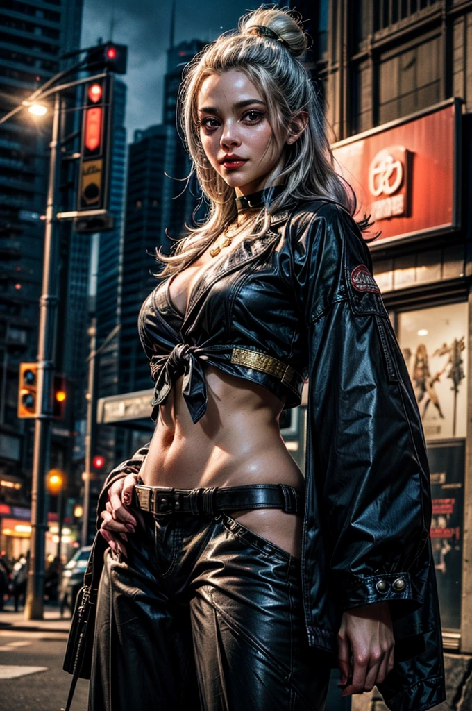 ((best quality)), ((masterpiece)), (detailed), 1girl, 8k_wallpaper, extremely detailed eyes, (large masterpiece digital art), (intricate details:1.3 ), (ultra-detailed:1.3), (sharp focus:1.3), (natural lighting:1.05), (vivid colors:1.3), (best quality:1.4), high quality, expressive eyes, full body, detailed face, beautiful face, perfect face, ((blonde hair)), (gold eyes), {{dark skin}}, ({dark skinned female}), big breasts, huge chest, outlines of nipples under clothing, powerful strong and prominent muscles of the abdomen and legs, powerful arm muscles, a hard serious look, a predatory half-smile, dressed in an open black coat thrown over a transparent thin blouse, a US Army military badge hanging between her breasts in the cleavage, black leather mini shorts, short Victorian-style boots with a steel platform and long heels, standing near a sports motorcycle on background of a night city in cyberpunk style,
