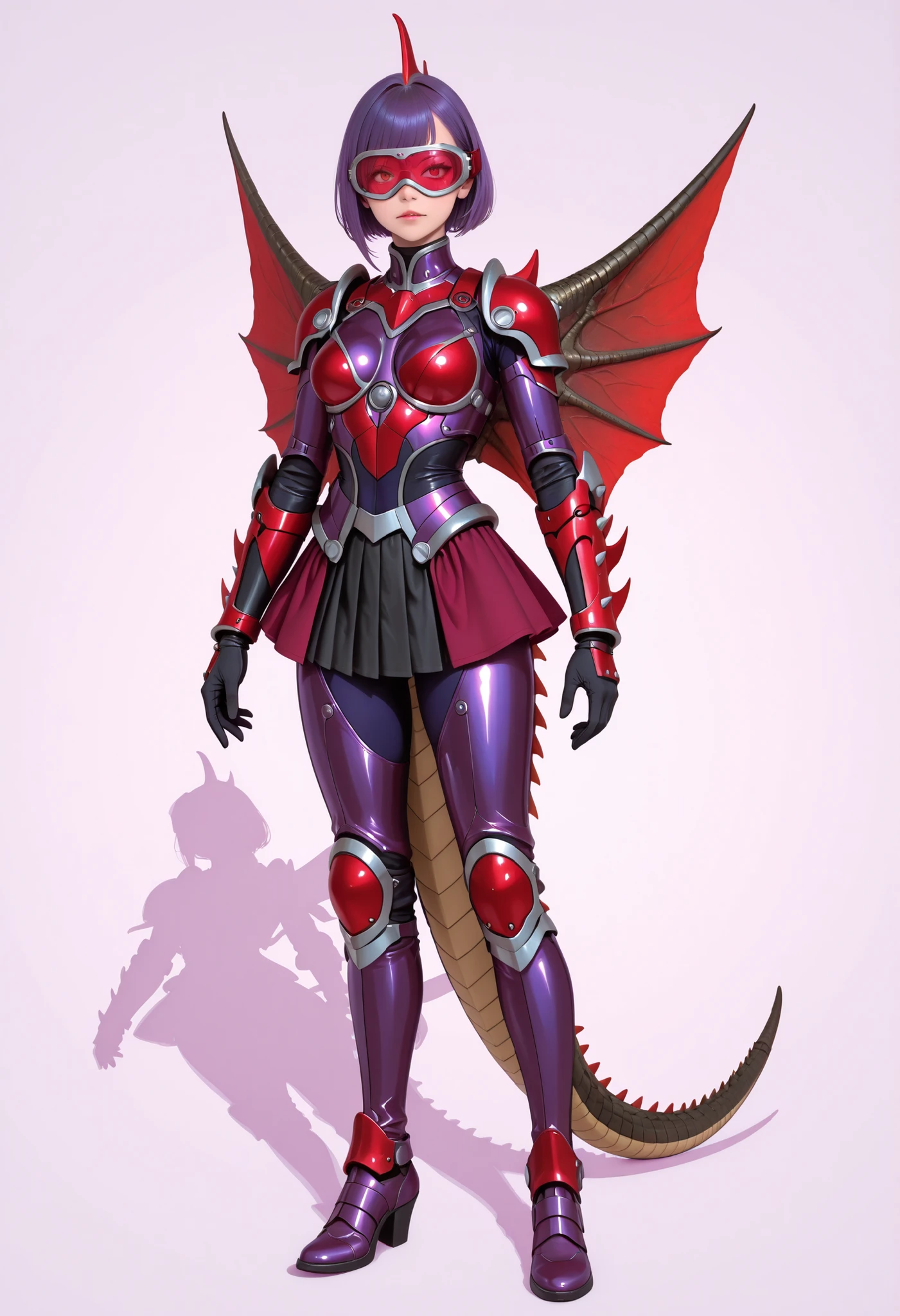 Gigan Girl. Purple hair. Short hair. Red bangs. Sharp eyes. Red cyber goggles. Purple metallic bodysuit. Cyber bodysuit. Skirt armor. Blade arms. Tail. Curved waist. Blades. Red fin-shaped wings.