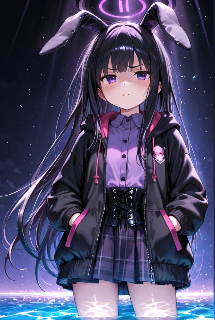 masterpiece, best quality, highres, 1girl hair ornament beret pointy ears, vest bow cardigan pink jacket off shoulder purple skirt white shirt <lora:sora_orbit:1> lying on back, bed sheet, arms up