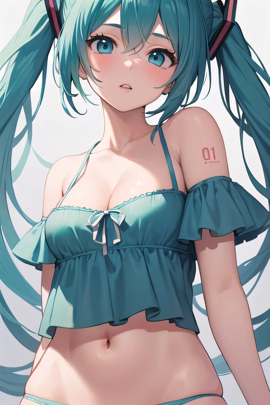 ((masterpiece,best quality)),high resolution,ultra detailed,8k,16k,detailed background, perfect lighting,detailed beautiful eyes,1girl,solo,embarrassed,blush,look at viewer,show off breast,steam,sweat,in heat,long nipple,confused,topless,watery eye,(cum on armpits:1.1),(show off armpits,upper body:1.2),wavy mouth,slender,fair skin,small breast,hair ornament, green hair, twintails, long hair,(school sailor,sky,summer)