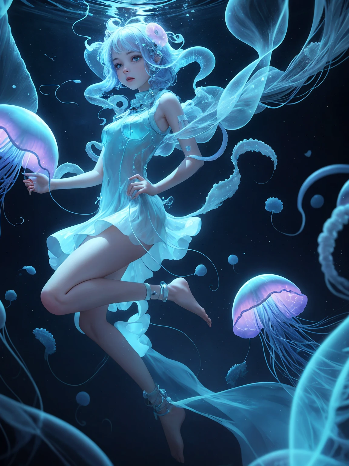 eye focus,tentacles,solo,looking at viewer,multicolored eyes,no humans,reflection,water,extra eyes,bubble,monster girl,<lora:ral-crystals-sd15:0.8>,crystalz