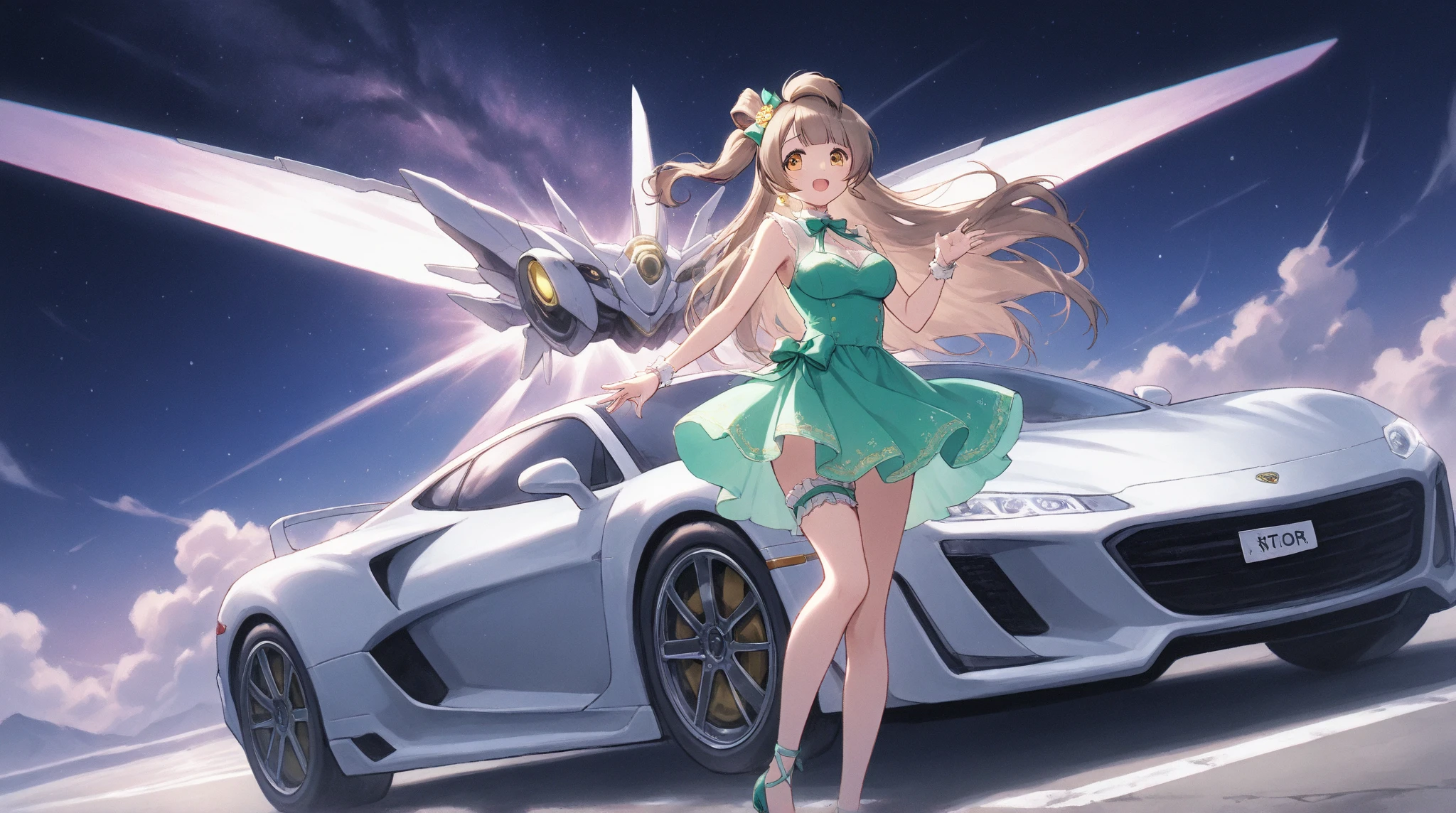 (masterpiece, best_quality, ultra-detailed, immaculate:1.3), epic, illustration, 1girl, solo, mythra \(xenoblade\), full body, next to a car<lora:EnvyMythra:1.2>