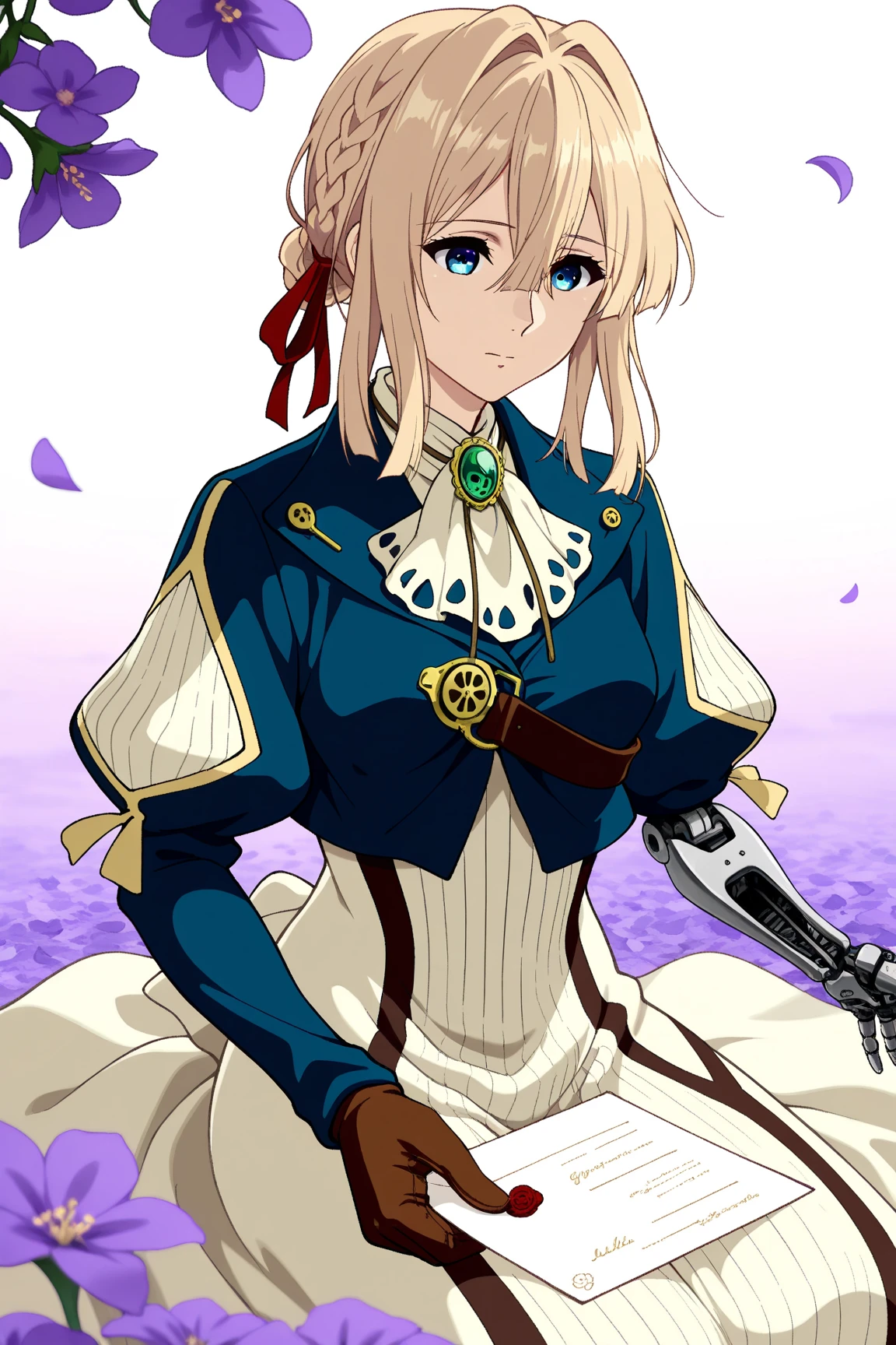 NFV,1 boy in,,sex,(((1 Girl,1 boy,fellatio ))),masterpiece,ultra detailed eyes, luminous ,The Most Detailed Face,the most detailed skin,highly detailed hair, Kyoto animation,top quality, a high resolution, anime coloring pages,purple evergreen garden, (((Hair, hair ribbon, Red ribbon, JEWELRY, white ascot, brooch, blue jacket, long sleeve, mechanical arm, White dress, long dress))),In the woods,,on the knees,