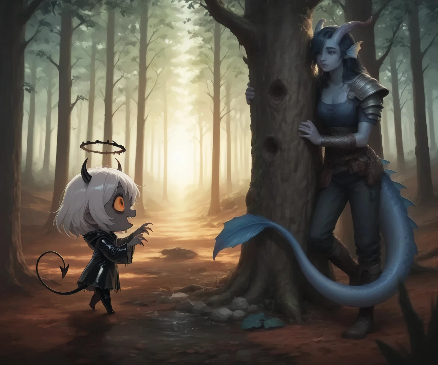 On the left of the frame, the frame looks at the profile Hzk,8 k, wallpapers with a very detailed CG unit, two small black horns, a thin black tail with an arrow,  dark grey skin , masterpiece,high definition,rag,rag real texture skin,hyperrealistic, Gray hair, orange eyes, Cute horror fantasy, Disney-style horror,picture book style,(One:1.3), 1 Girl\((chibi:0.5),dark holographic,(dEvil),backlight монстра, Evil, open mouth,(Pure black leather :1.2),sharp teeth,Cute,kawaii,big eyes,Evil smile,(Long nail),orange eyes,orange sclera, detailed students, wear старинную тканевую накидку\(very big,(very long),ragged,( traditional_ patterned :1.2),very detailed face,\), backlight, background\(detailed dead trees, in the forest, shaded ruined old house, Dark horror mood\), high score,  great score , very aesthetic, high definition, extra detailed,  absurdities , newest ,  raincoat, landscape, depth of field,3D,красивый ужасающий landscape, art by Tim Burton, in the forest,  Best hands  , beautiful color, Multicolor,bright color, Cute horror fantasy, Disney-style horror,picture book style. Girl\,a beautiful geometric dark halo, Cute, dancing,black trim,(Pure black leather :1.3),(eye bags),long lashes, big eye, (chibi:1.2),Long nail, orange eyes, yellow sclera, detailed students, wear, Cute pose\). 

[On the right, behind the Cedar tree: , an adult girl with dark blue-gray skin, horns on her head and fins that completely replace the ears and a thick long dragon's smooth tail [with a blue-gray ending in the shape of a blue leaf] with one black eye hides behind a tree. На backgroundе старинный лес с ярким backgroundовым освещением. Sunset backlighting. high detail. Long deep contrasting shadows. Rays of light penetrate the white mist, illuminating the dust in the air. Highly detailed oil painting, made with oil paints:1.3]. 