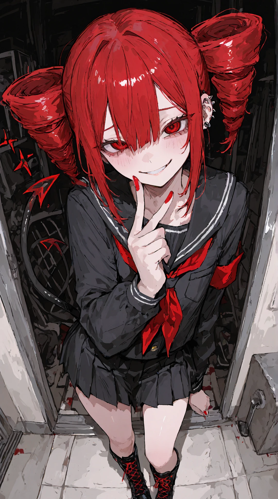 ((Use white, Black and Red))、A girl explores an abandoned hospital、Scared、Overall dark、Flashlight、Crouching down, holding head、Blood splatters on the walls