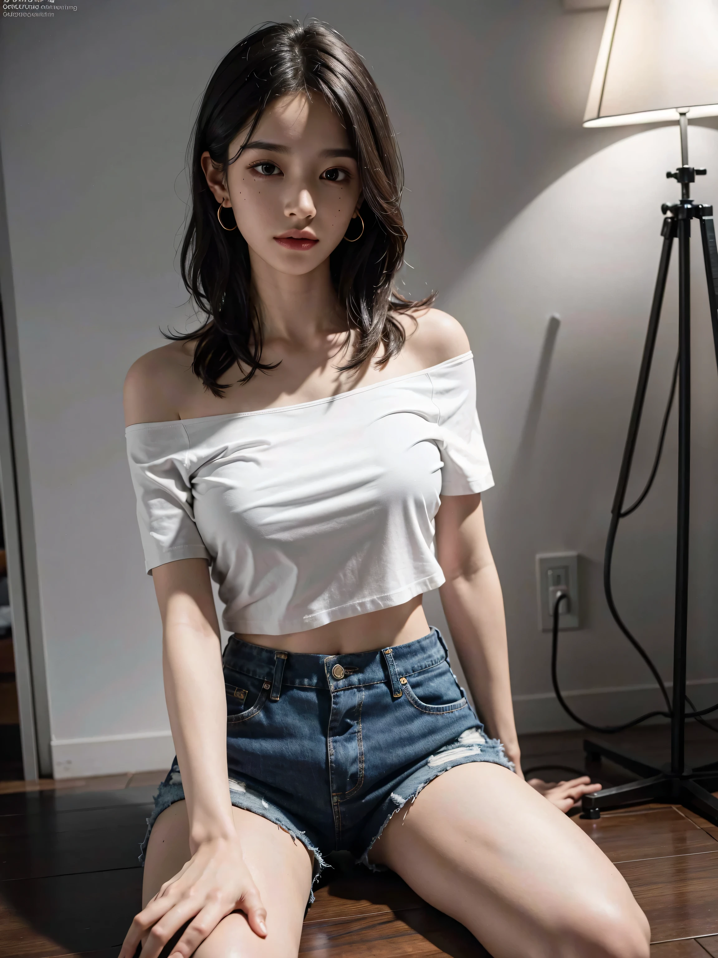 absurdres, RAW photo, extremely delicate and beautiful, masterpiece, Best Quality, ultra high resolution, 32k, hyperrealistic, ultra-detailed, detailed description, pale skin, 20 years old, detailed beautiful face and eyes, tearful mole, earring, (Colossal tits), short medium hair, wavy hair, full body shot, alone, shirt, skirt, bare legs, bare shoulder,