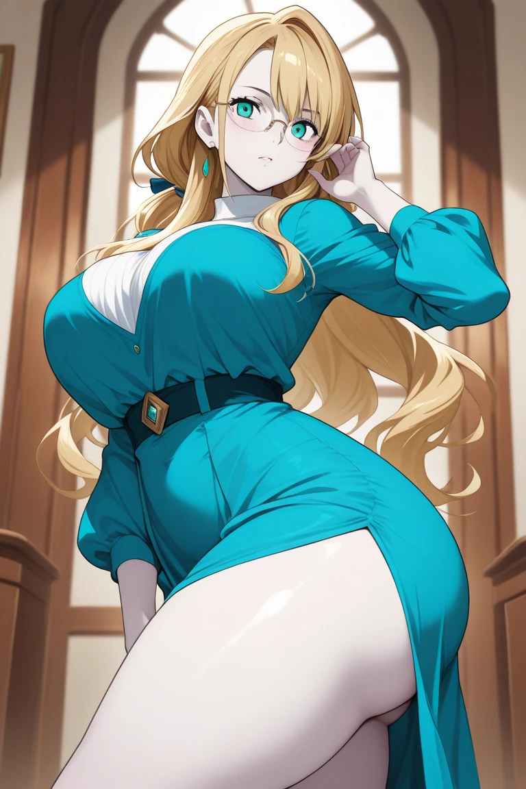 Big Tits. Anime Girls. Anime-style eyes. Setting picture. Perfect pupil. Solo. Highest Quality, Full body, It features a simple_Background,girl, Woman, Female, Young,20 years old, Long hair, flipped hair, Bangs, Blonde hair, messy long hair, emotionless eyes, tusk, Glasses,  Black eyes、Smile with open mouth、azur lane、Unkempt hair、