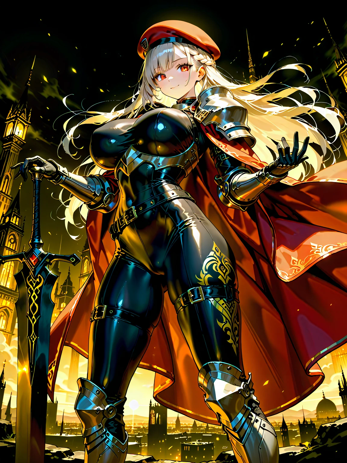 (masterpiece, high quality, detailed), 1girl, vampire girl, big poofy sandy-blonde hair, bright yellow eyes, hair drills, smug grin, wearing slutty armor, huge beasts, cleavage, provocative, flowing cape, haunted castle background, scattered rose petals, spooky, horror