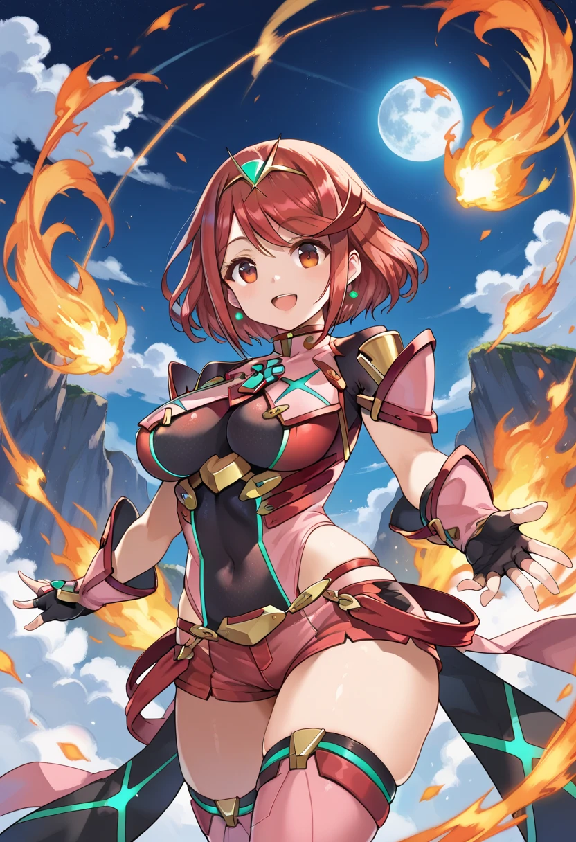 pyra \(xenoblade\), teen_1girl, , bangs, black gloves, breasts, red eyes, shout, earrings, eyelashes, fingerless gloves, floating hair, , gem, gloves, hair ornament, headpiece, jewelry, big_breasts, leaning back, swimsuit, neon trim, official art, pose, red hair, saitou masatsugu, short_ponytail, sidelocks, skin tight, solo, swept bangs, thighhighs, tiara, fantasy_town_background, underbust, xenoblade chronicles \(series\), (xenoblade chronicles 2), (spread_legs:1.1), fire_effect,dynamic_posing,light_smile, big_ass,huge_sword, hold_large_sword_hilt, covered_nipples, covered_pussy, fists,beautiful_fingers,(solo:1.1), bare_shoulder,(shoulder_naked:1.2), (very_short＿shorts:1.3),(lise_leg:1.4)