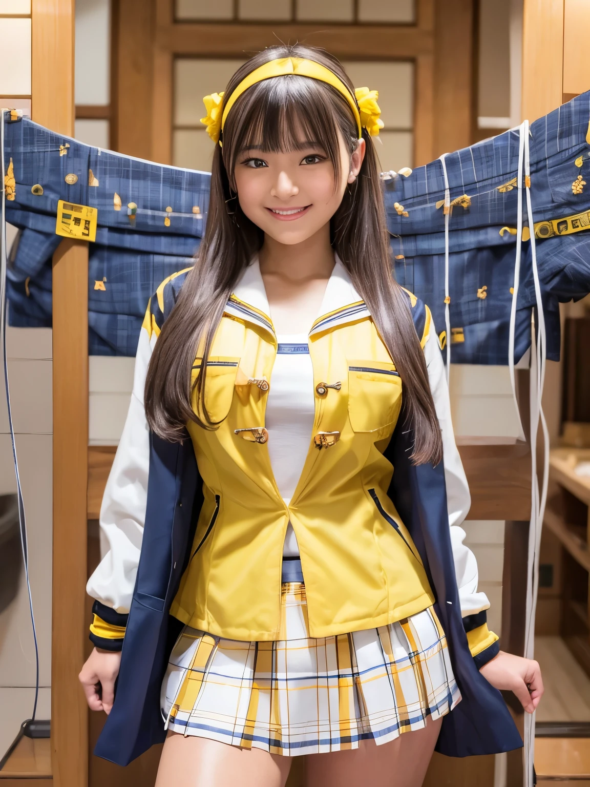 ( top quality, high definition , masterpiece:1.2), super detail, Realistic:1.37,(Perfect Anatomy), 1 girl, cowboy shot, A super cute Japanese idol woman , ,(Lots of cables:1.1),Lots of tubes, Standing, Beautiful skin , detailed facial features, Complex Hair, detailed costume , beautiful lips,( cute yellow jacket and white shirts and skirt :1.4), Metal Necklace ,Headband, seductive makeup,, brown semi-long hair, Moe pose, Laughter,