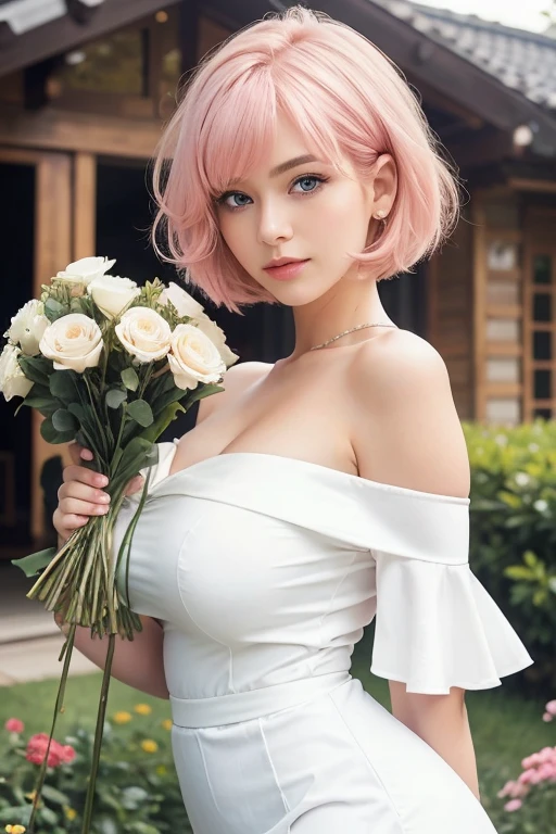 girl, pink hair, brown eyes, short cut, smiling, holding a bouquet, white dress, upper body