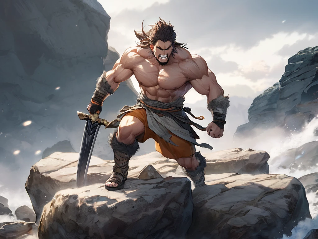 Mighty warrior, shirtless upper body, legs exposed from thighs to feet, cascading long curls, detailed muscular physique, lifelike depiction, 4K resolution. Background: Snow-covered mountain peak,32k uhd, best quality, masterpiece, super detail, high details