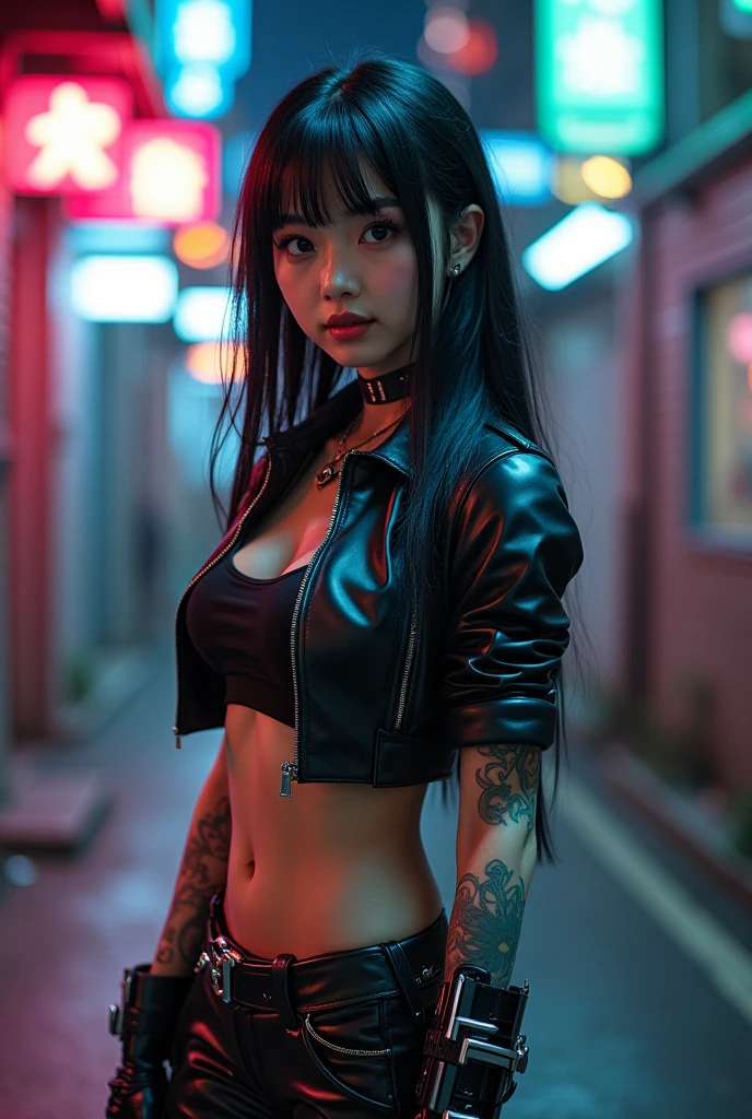 Imagen realista, 8k, calidad ultra, 1girl, 18yr old, thick lips, nariz repingada, small-nose, ojos claros, ((pale-skin)), cadera ancha, (abdomen marcado), delineado negro, ojos almendrados, fake tabs, nariz maquillada, cuerpo definido, piernas gruesas, tatuajes de anime, escote, ropa escotada, caderas anchas, thick muscles, crop top anime, tanga negra, erotic body, cabello negro, peinado alisado, (lunares en el abdomen), al aire libre, noche, ciudad de tokyo, ciudad iluminada, Backlighting