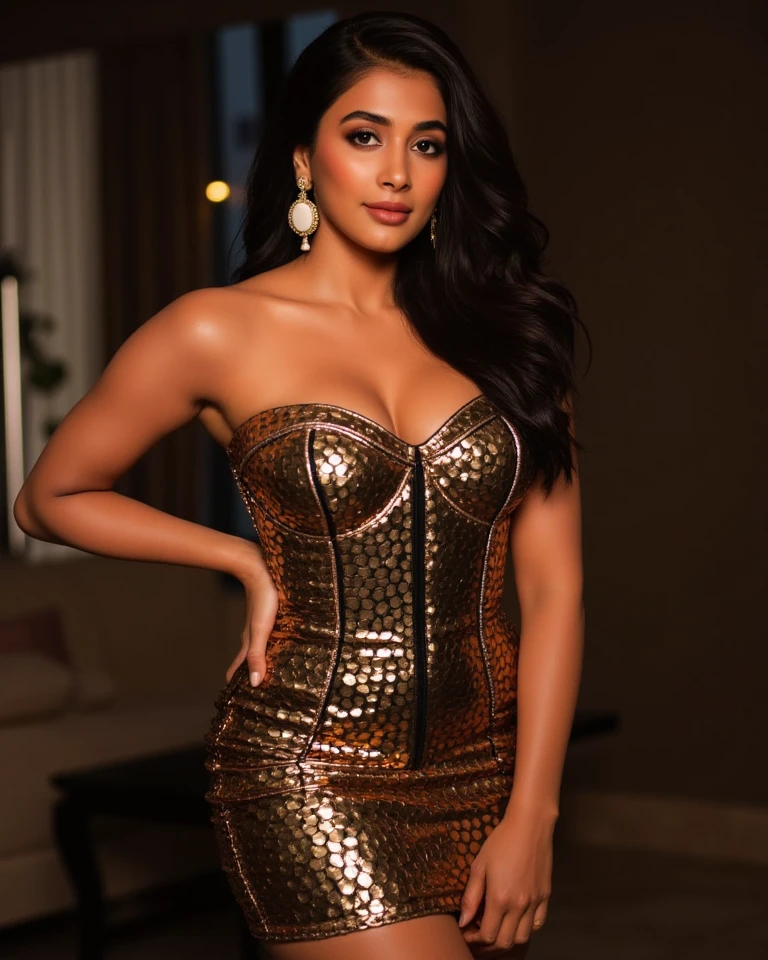 5 foot female 117 pounds biracial black curly hair brown eyes small nose medium lips luscious eye lashes wearing a floor length halter top a line prom dress gold/beige with sequin top
