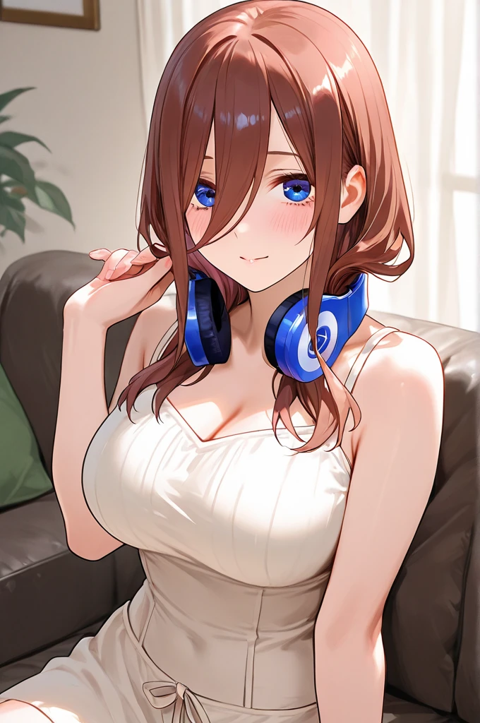 (Highest quality、Masterpiece、Very detailed、4K)、One Woman、17 years old、Brown Hair、short hair、(((Nakano Miku)))、headphone、chest、arm、(Beautiful armpits)、(Beautiful navel)、(Beautiful thighs)、((Panties and bra only))