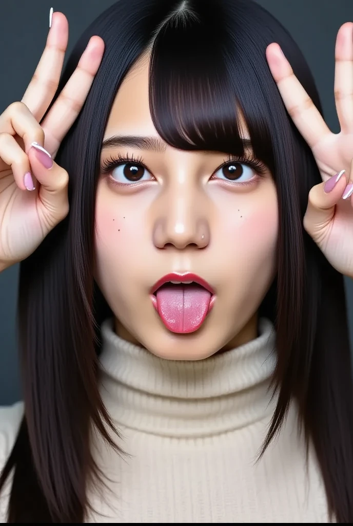 Cute girl with crossed eyes and sticking out her tongue
