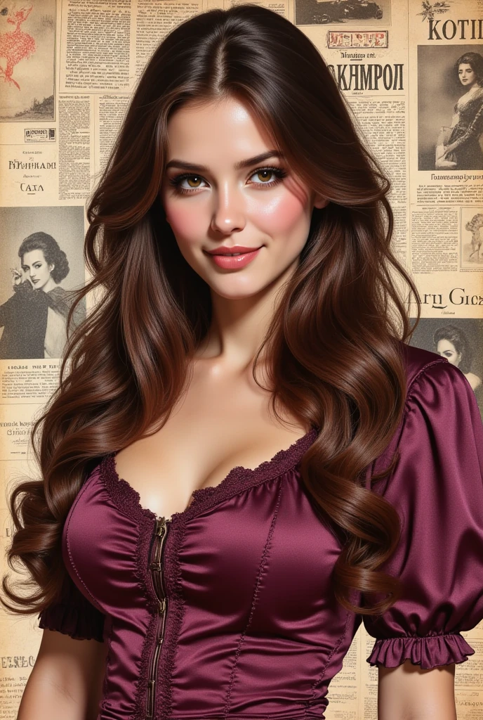 ((((collage art)))). masterpiece, best quality, magazine clippings. close-up of the face portrait of Russian sexy big fat woman, very beautiful fragile Russian, huge breast. she has long wavy hair, she is wearing kelly vintage dress. mix of old russian newspapers clippings on background