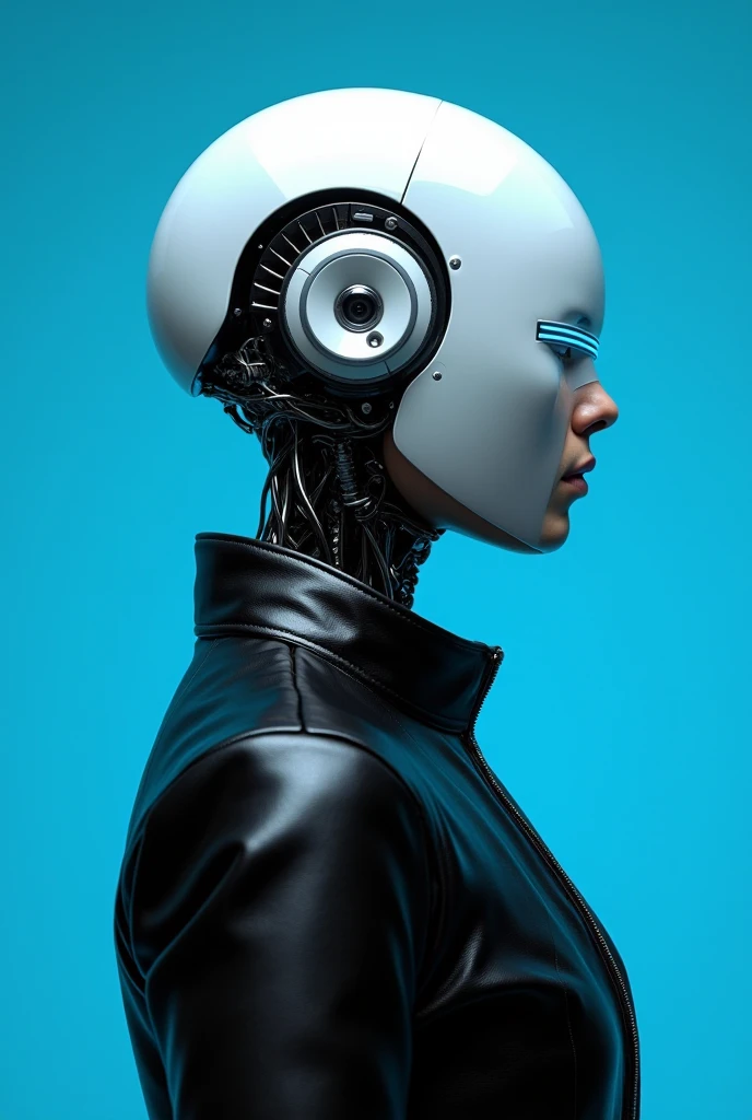 a woman with a helmet on her head , solo, simple background, monochrome, upper body, greyscale, grey background, no humans, robot, mecha, zipper, machinery, science fiction