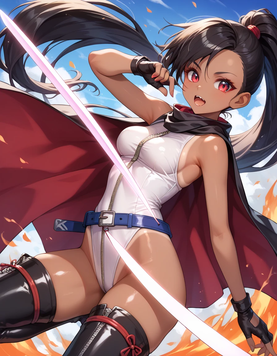 High very detailed Quality image
1girl, 28 years old girl, dark tan skin, blue grey eyes, agresive, focused face, brave demeanor, absolute feminine beauty, long dark brown hair, pink flower at left side of the hair, thin pale mouth lips, big breast, beautiful arms, red gloves, beautiful legs, yellow very long boots, green training suit, holding a silver long battle spear, training at the snowy park, sun rising in the pale blue sky, looking upright, sweating during combat training