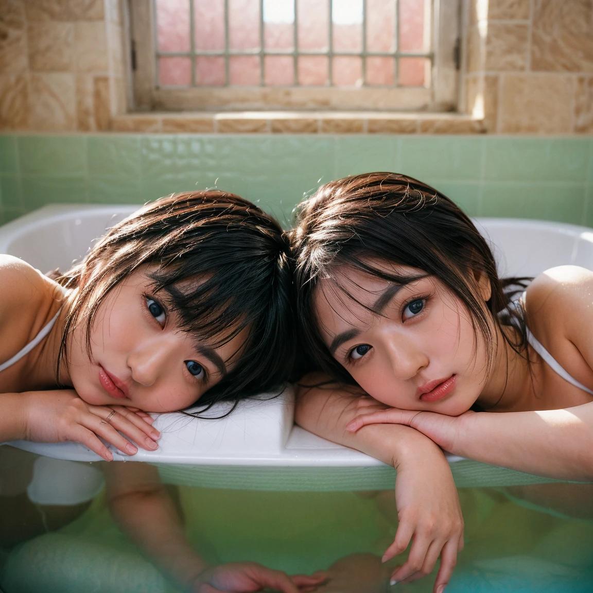 NSFW, (Snapshot of girls kissing face to face in an open shower room by the pool), Braid hair, With bangs, (School Swimwear), the body is covered with juice, White LiquidSoap, Sweating, be sweaty, Wet pearl skin, ((Wet swimsuit)), Perfect Lighting, Clear Focus, (bokeH:1.4), Roundly butts, { (Shower Water:1.6) | (Gigantic  Overflowing sideboob) | Butt cruck | (from above:1.4) }, hidden hands BREAK (NOGIZAKA girls)  ((Extremely Detailed very KAWAII face variations)), perfect anatomy, Childish, captivating gaze, elaborate detailed Eyes with (sparkling highlights:1.2), long eyelashes、Glossy RED Lips with beautiful details, Coquettish tongue, Rosy cheeks . { (Dynamic joyful expressions) | (:d) }, (no large eyes) . (close-up:1.28)