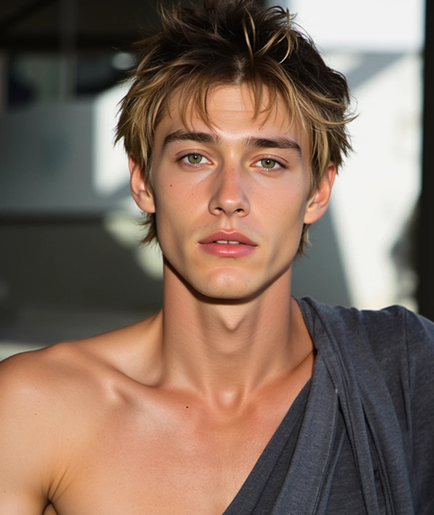 Handsome boy Goku, realistic, blonde hair, blue eyes, England young face, short hair