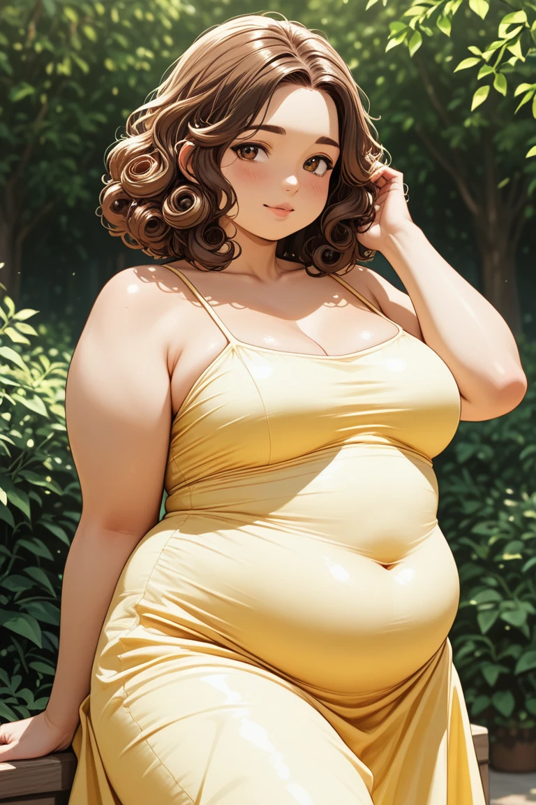 Gorgeous chubby pregnant woman, updo hair, (bikini), outdoor garden, bbw, morbidly obese, round protruding pregnant belly, weight gain, (high quality lighting),