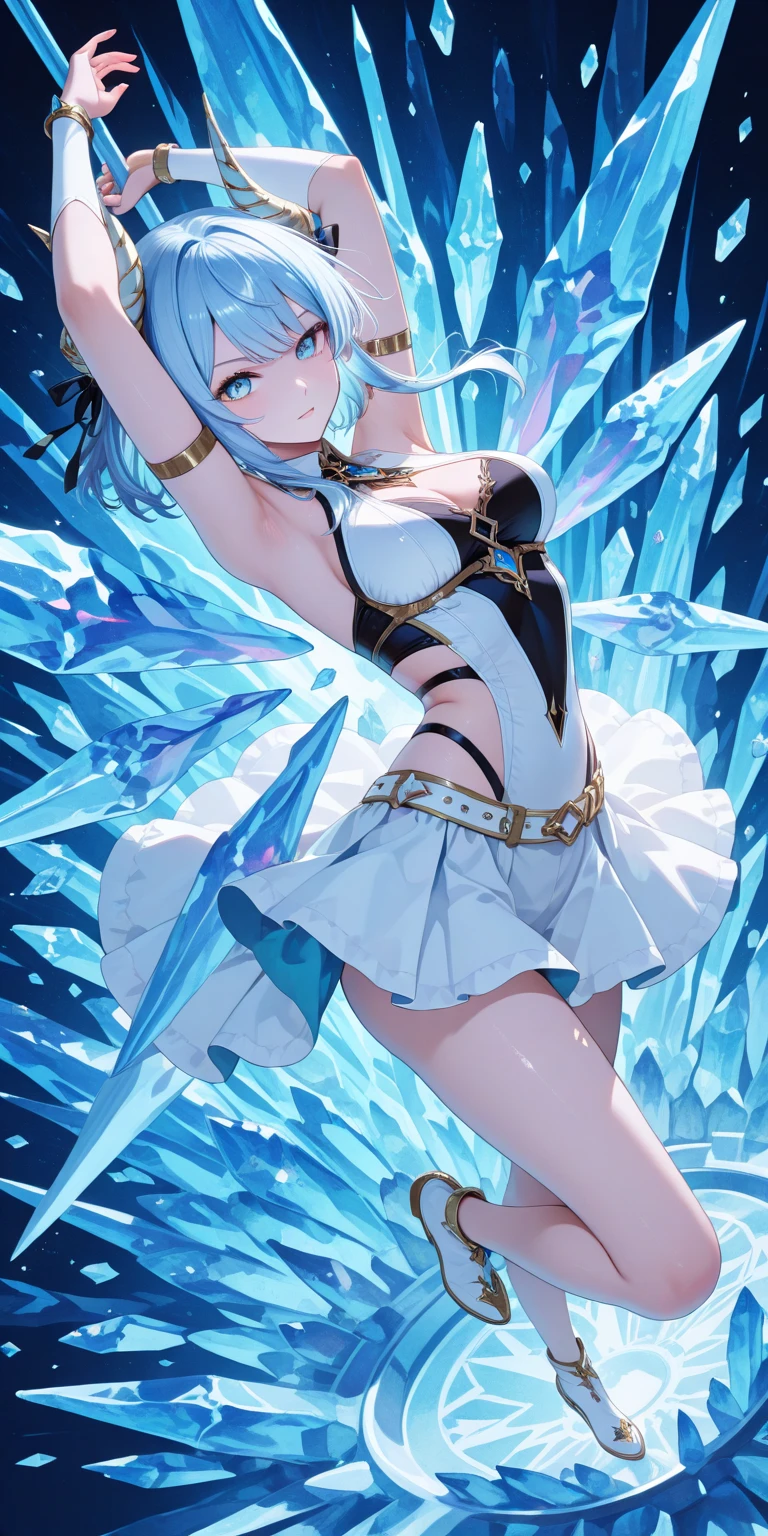 (masterpiece, best quality), 1girl, blue hair, ice hair, blue eyes, ice shards, hands crystal ice, ice blade, blue magic circle, blue corset, black thighhighs, sidelighting, light particles, abstract,