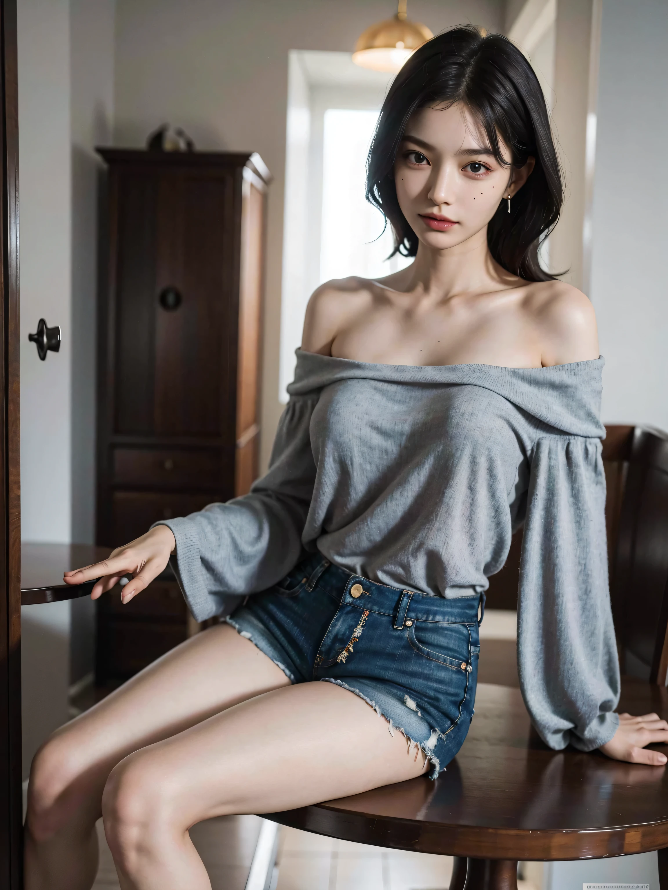 1girll,Sit on a comfortable sofa,Cross ed leg,Soft light