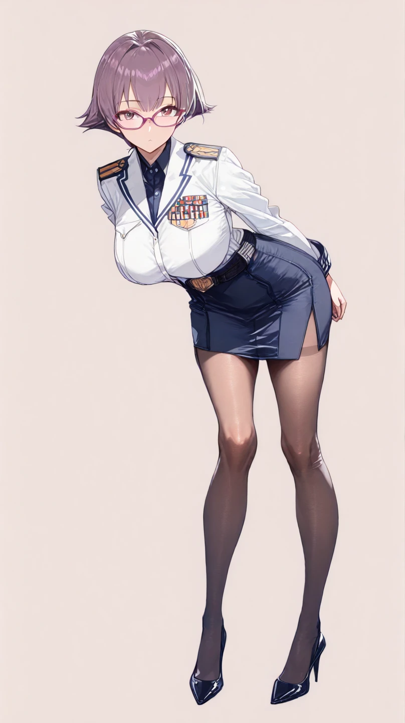 flight attendant, middle aged woman, 40 years old, with short brown hair, slightly messy on the front, she has dark circles under her eyes, bored expression, she has thick and large thighs and thick legs, wide hips. she wears a tight navy blue blazer with a tight short navy blue pencil skirt, she has large breasts, her feet are small and dainty, she wears black pumps on her feet, she is pressing your bulge that’s under your pants with her foot, teasing, full body shown