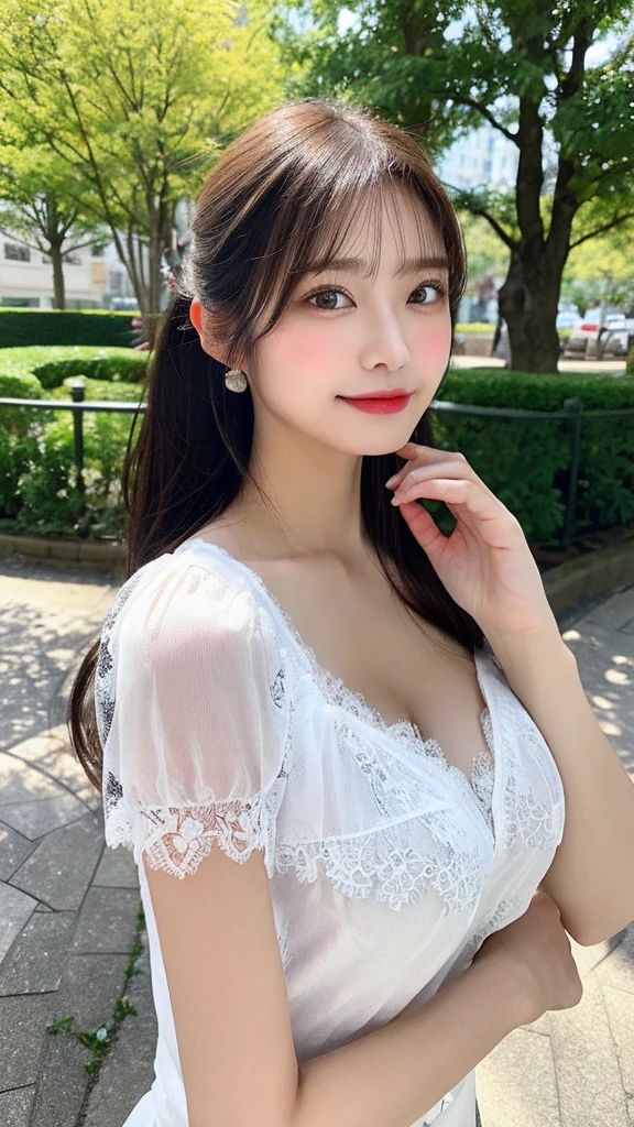 masutepiece, Best Quality, Illustration, Ultra-detailed, finely detail, hight resolution, 8K Wallpaper, Perfect dynamic composition, Beautiful detailed eyes, summer dress,Medium Hair, Same as, Natural Color Lip, Random and sexy poses,Smile,Aoyama Street Walk、27 years girl, big breast