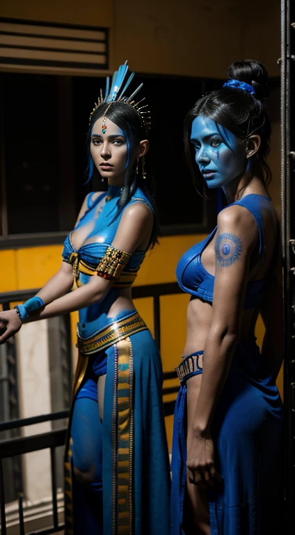 "(best quality, highres, ultra-detailed), 2 women, Desi, 40, average build, in colorful body paint,(playful, vibrant) jesters (costume is entirely body paint), wrestling for a crowd of rowdy aliens, in an(otherworldly) atmosphere,(fantastical, whimsical) outfits, (elaborate face makeup), (bright, vivid) colors, lively expressions, (dynamic poses), (mysterious, ethereal) lighting"
