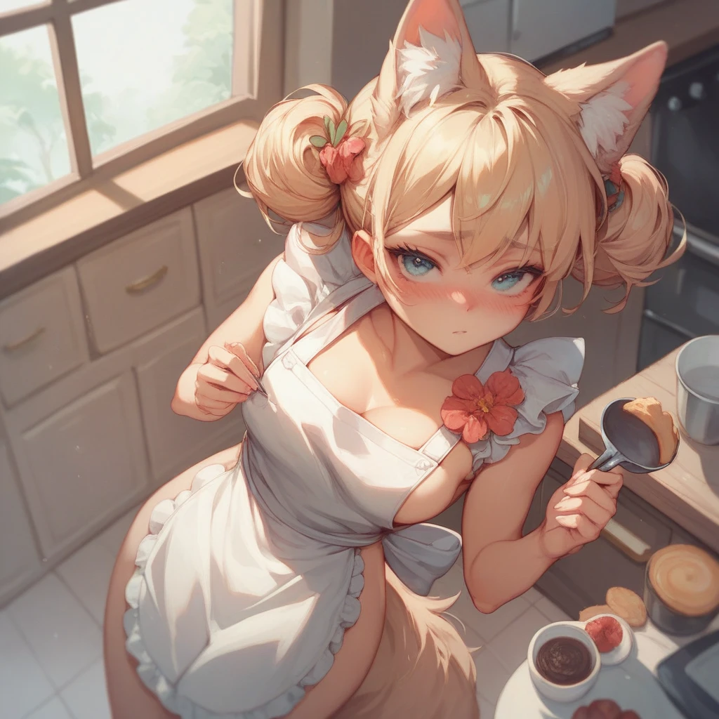 Lynian felyne girl, kemono, kitchen apron, beautiful eyes, fullbody, looking at viewer, blush, anatomically correct body, eyelashes, smile, ancient kitchen background, best quality, 