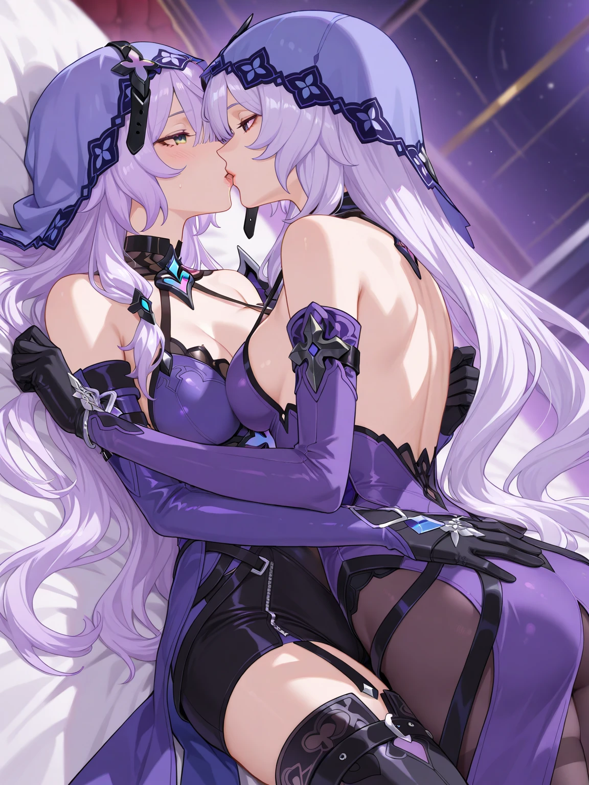 (2girl:1.3) (very close up:1.3) (facing each other:1.1) (hands pinning down wrists:1.1) (2 girls on top of each other) (passionate kissing:1.3) (adult woman) (topless:1.1) (amethyst purple chains on wrists) (purple halo) purple rose choker, night, dark cozy bedroom, mood lighting, on bed, (extremely large breasts:1.1), large butt:1.1, thin waist, Long HAIR, (blonde hair), (loving look:1.3), original HAIR style, Dynamic Angle, (detailed face) (dynamic lighting), (amethyst purple eyes) (amethyst purple leaf bracers on arms) (amethyst purple leaf hair piece) (elaborate amethyst necklace) (purple roses on bed:1.3) (purple roses in hair) (stunning beautiful purple eyes) (blush) (breathing heavy:1.2)