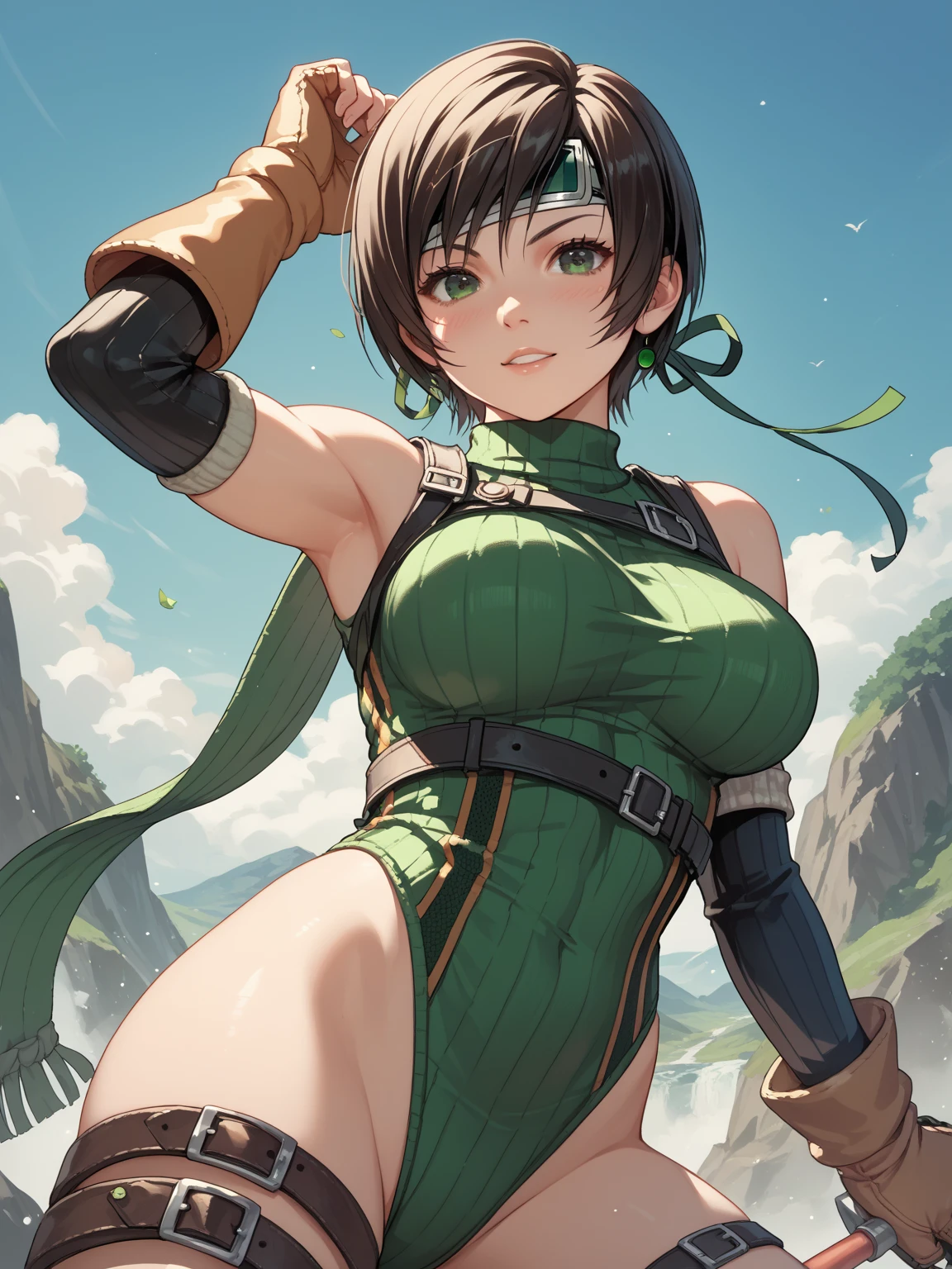 nsfw,Highest quality, (masterpiece:1.2), figure, Absurd,
(One person, alone), (Beautiful detailed), From above,
Bao Sanniang, Brown eyes, Brown Hair, Striped Hair, Green Hair, hair ornaments, Medium chest,
My crotch is wet,Green leotard, Orange is good, Cleavage, belt, グリーン Thigh-high boots, Thigh-high boots, Shoulder Armor, Knee pads,
Overgrown mountain々, bamboo,bamboo林, river, plant,
smile, View your viewers,
((She flips her leotard with her fingers to reveal her pussy)),(((Spread your legs)))