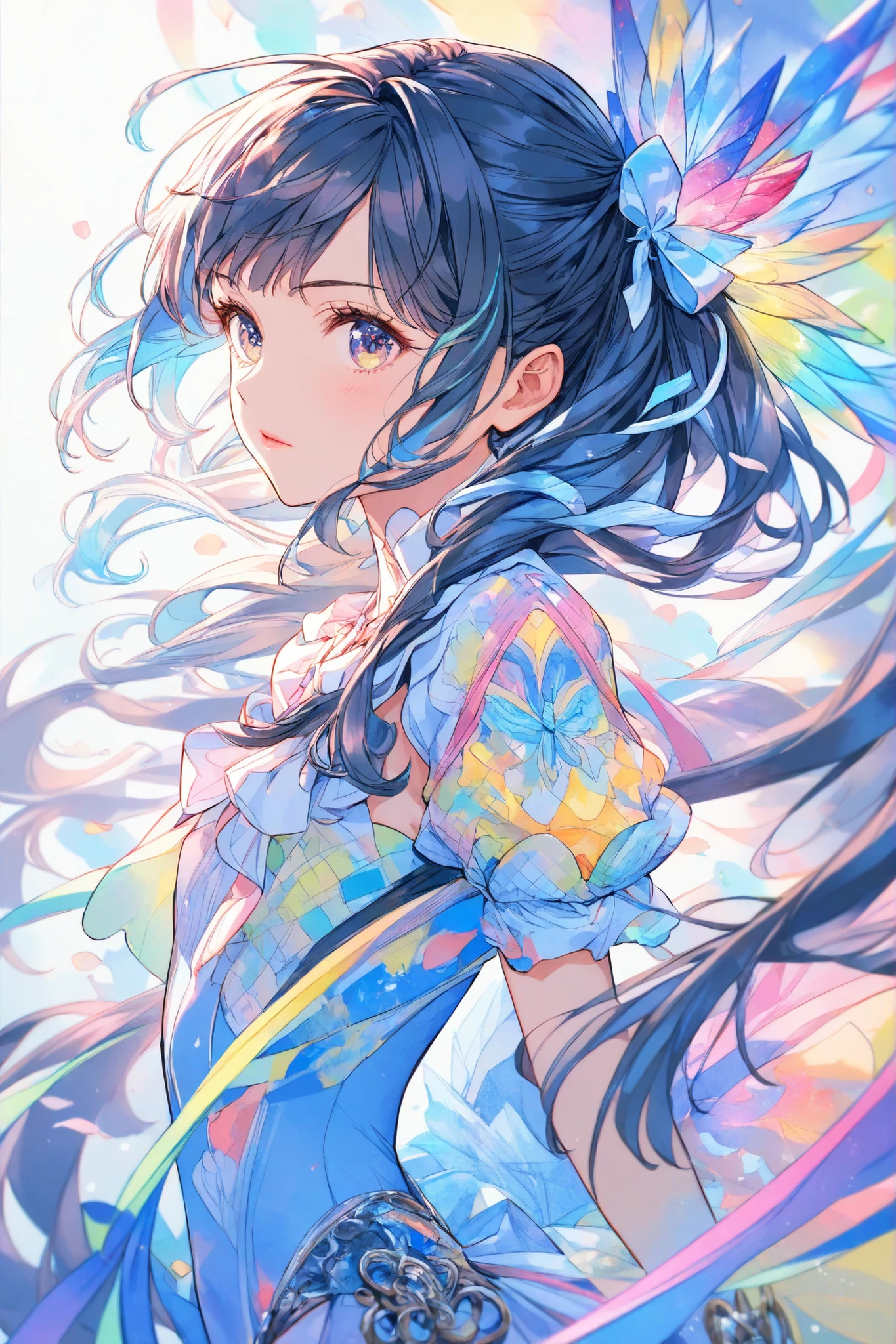 masterpiece,top quality,Super Detailed,8k,watercolor　colorful　upper body lift　One Piece　girls　灰色の髪　light　ribbon pop, (flat chest:0.8)