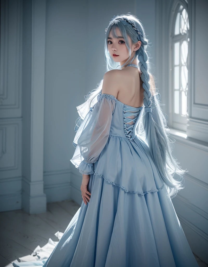 A beautiful female ghost translucent and bluish white, standing, turned slightly right on a black background