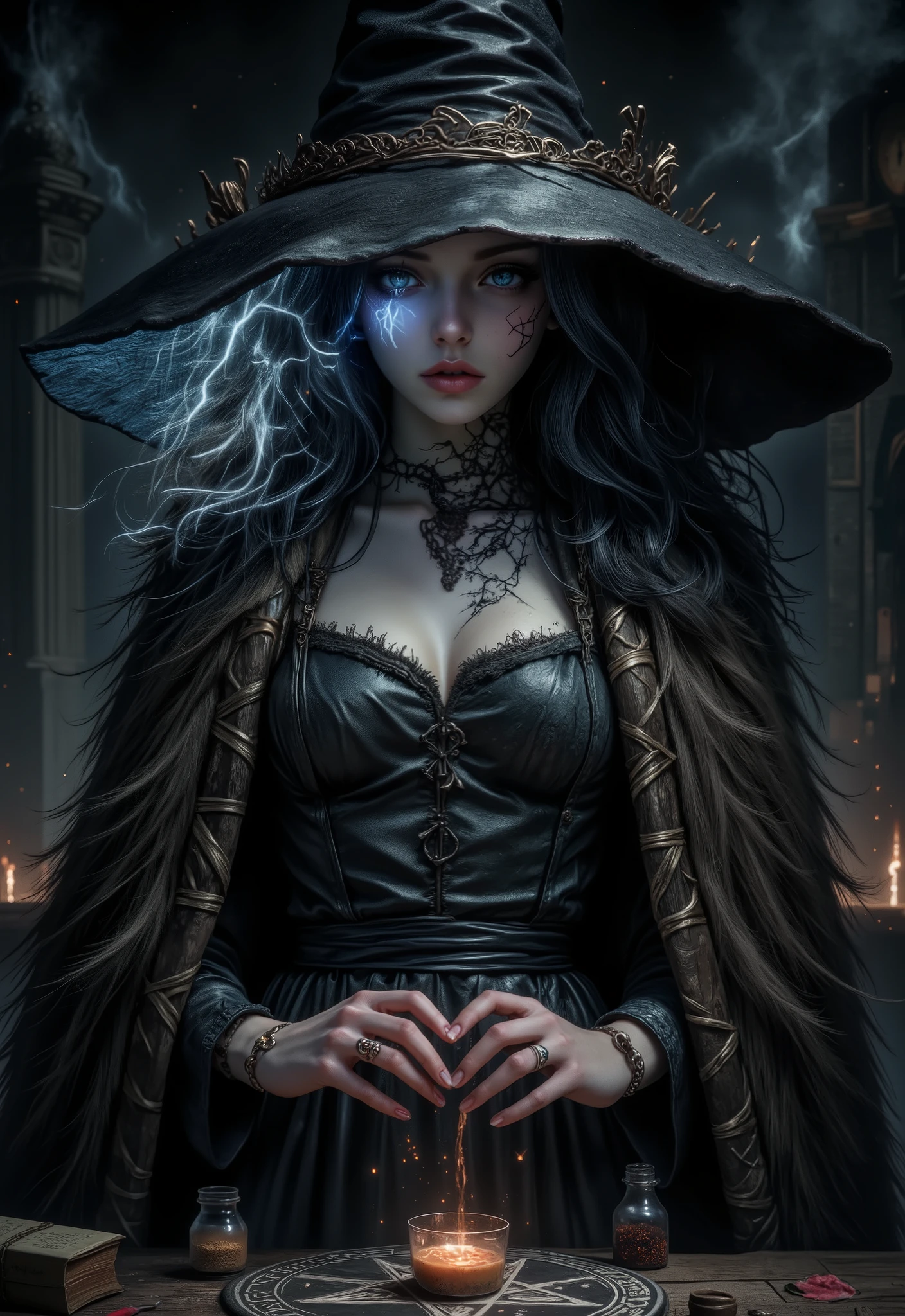 Sexy, Dark Mood Atmosphere, avant-garde, painting, Sexy, erotic, best Quality, masterpiece ( Louis Royo Style Drawing ), detailed faces with ofisu, The face is finely detailed with sharp focus, Highly detailed, Great Lighting, BREAK, Quality, intricate details, Mysterious Light, fog., Sexy, Beautiful Witch Rani, Hidden, extra arms , Large hat , Casting Lightning Magic Spells, Magic Circle, Hong Kong magic, Scrolls on the Background, Magic book, ceremony, vials, potion , Tough, seductive expression, Black Magic Fantasy Crypto , Five Pointed Stars Drawn with Magic Runes on the Floor, Magical Brilliance, Dark and gloomy, upper body shot, Streaks of light, High Definition HD, High Details, perfect composition, Aidma Hyperrealism