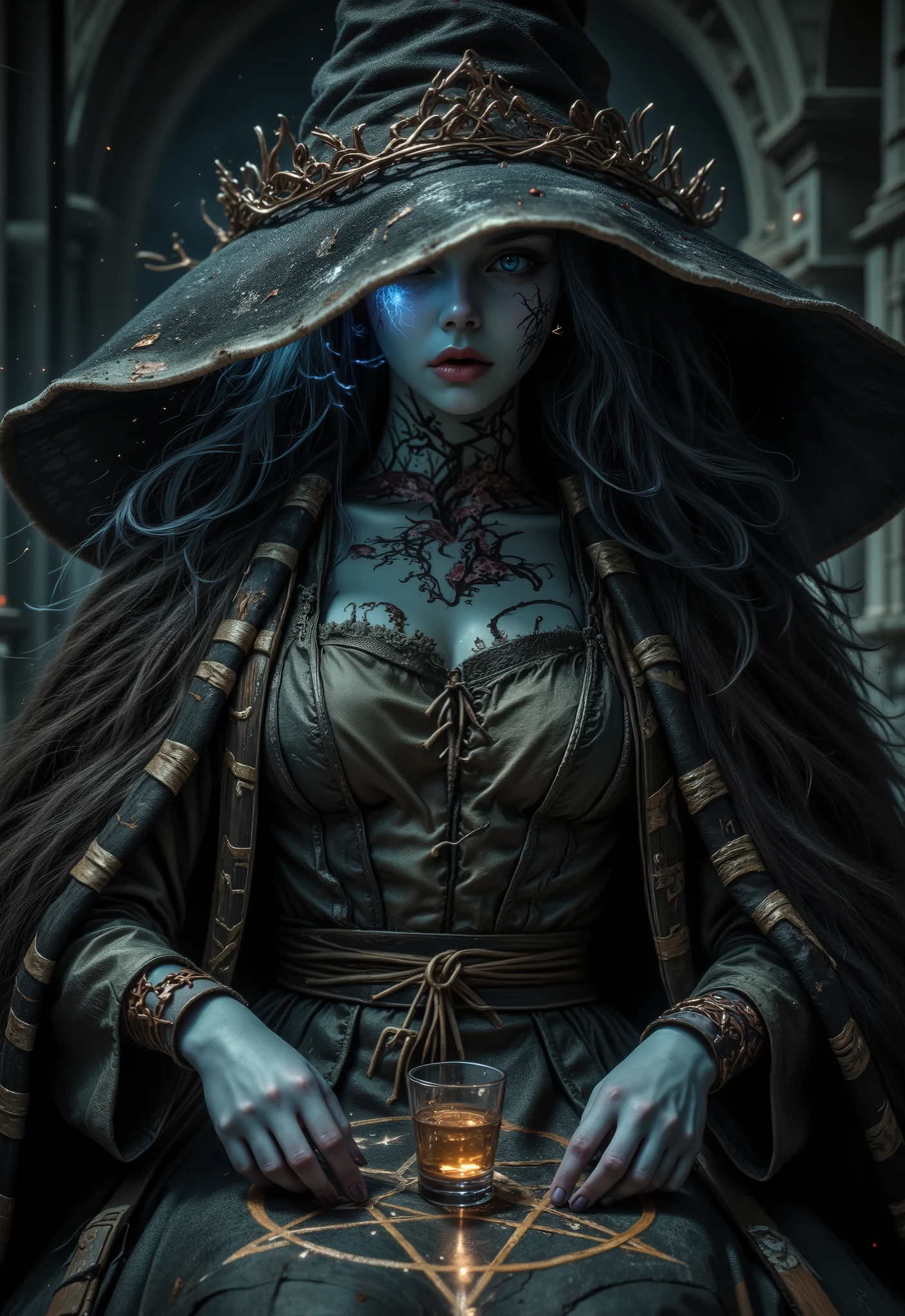 Sexy, Dark Mood Atmosphere, avant-garde, painting, Sexy, erotic, best Quality, masterpiece ( Louis Royo Style Drawing ), detailed faces with ofisu, The face is finely detailed with sharp focus, Highly detailed, Great Lighting, BREAK, Quality, intricate details, Mysterious Light, fog., Sexy, Beautiful Witch Rani, Hidden,  extra arms , Large hat , Casting Lightning Magic Spells, Magic Circle, Hong Kong magic, Scrolls on the Background, Magic book, ceremony, vials,  potion , Tough, seductive expression,  Black Magic Fantasy Crypto , Five Pointed Stars Drawn with Magic Runes on the Floor, Magical Brilliance, Dark and gloomy, upper body shot, Streaks of light, High Definition HD, High Details, perfect composition,      Aidma Hyperrealism 