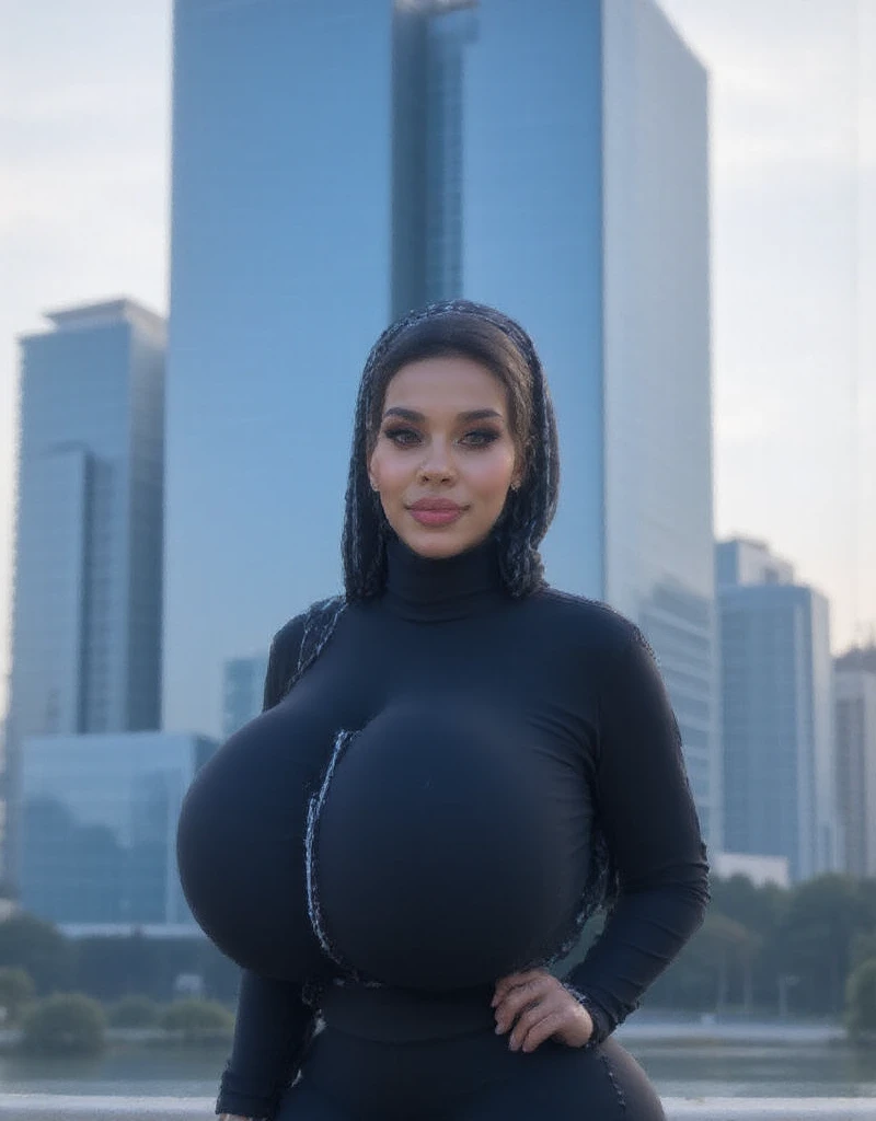 (Best quality, high resolution, masterpiece: 1.3), a beautiful malay woman in hijab, gigantic breasts, slim figure, sweatshirt, beautifully presented details in the street and facial and skin texture, detailed eyes, double eyelids, big eyeschest visible, shirt openfeatures), HDR, 8k resolution, nice fingers, firm skin, (((high detail skin, visible pores))), 1 female, tall body, 30 years old, holding a luxurious handbag(ultra Gigantic Breasts:1.3, heavy hanging breasts, perfect round shape breast), wearing jeans Tight Malay Gamis Pastel Close Up Tight Hijab, big busty red lips, Full Body, Beautiful Shy Smile, Wearing High Heels, In Lux, wearing deep_v-neck_dress, (giga:1.3), giantess, (city destruction:1.35), metropolis, london, aerial view, sitting on a building