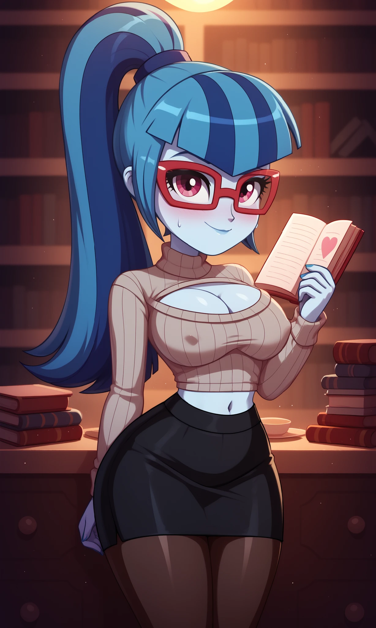 Ralph Bakshi Style, Curvy blue eyed girl with long wavy black hair and small breasts, (cruel_expression):3.0, humping bookshelf