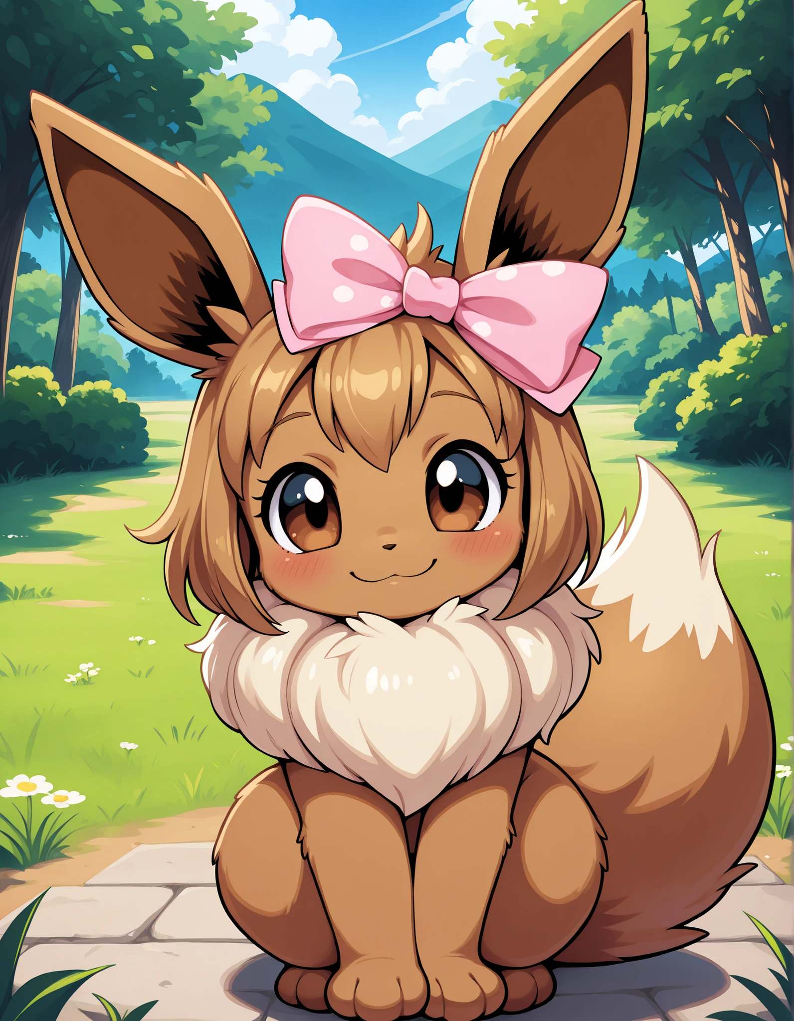 pokekid, eevee, fluffy girl, furry girl, female, smile, smiling, has a big pretty bow in her hair, has animal paws for hands, 1girl, best quality, outdoors, high definition, cute,