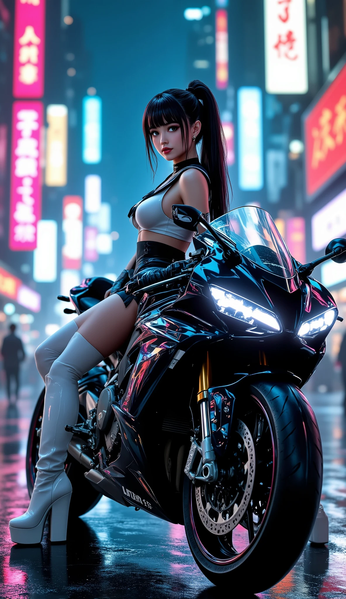 Huntress riding a high-tech motorcycle, Shoot high-tech cannons, Sparks from guns, (1 female, brown eyes, white skin, Twin-tailed black hair, choker, small breasts, skinny, lip whole, compensate, eyeliner, Russia), Wearing black one-piece leather armor, Long leather gloves, long Leather boots, In a cyberpunk town at night, (cyberpunk theme), (masterpiece, highest quality, 8K, sharp focus, written boundary depth, best shadows, perfect light, HDR, realistic skin texture, Ultra-detailed and detailed background), wide shot