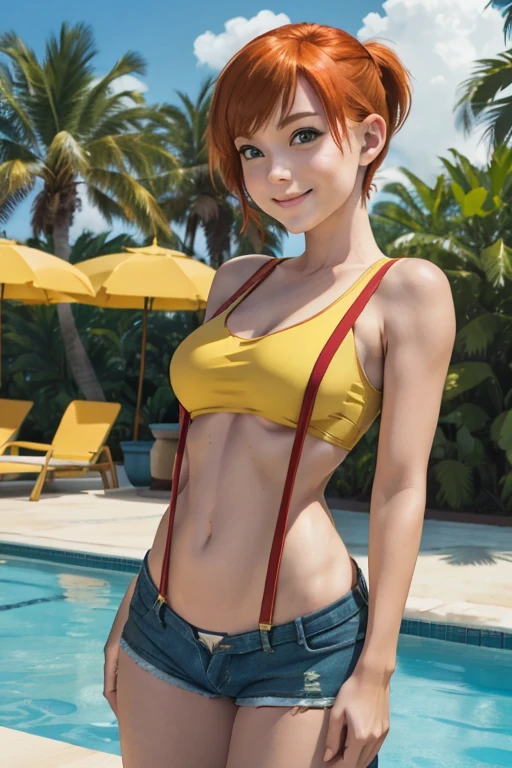 Misty_Pokemon, naked breasts, brown nipples, suspenders, side ponytail, orange hair, denim shorts, stretching pose, from the side picture, cinematic light, hot posture, perfect body, looking at the viewer, poolside