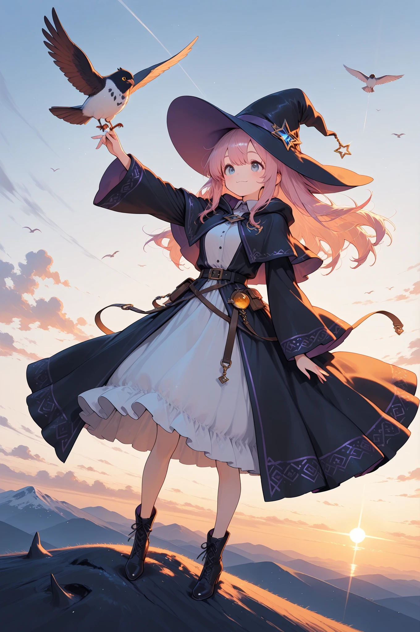 (masterpiece:1.2, best quality), (ultra-detailed), (illustration), (ultra highres), (delicate illustration), (hyper detailed), solo, 1girl, cowboy shot, pink hair, pink eyes, twintails, witch hat, cleavage, witch, dress, cat, animal, dynamic angle, cinematic light