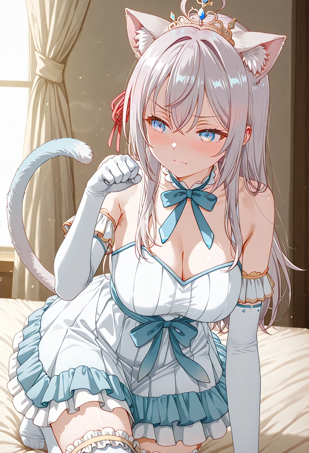 Point Of View, ????????????????, Cat nurse reaching for me anxiously, Hospital room, White curtains, sunlight, window, nurse's outfit, ???????????, cleavage, puffy detailed beautiful face and eyes)absurdres, perfect ???????(kemono, angelic cute girl, solo focus)(furry anthro)(very detailed body fur)embarrassed, full-face blush, open mouth,