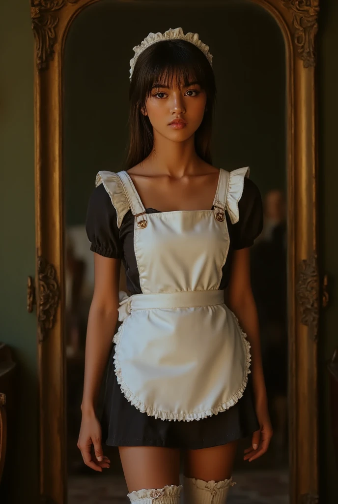 ((top quality、masterpiece、high sensitivity、high resolution、detailed depiction、Delicate face、Fvalue:6.0),((Slender Woman、wearing glasses)),maid clothes apron skirt、high socks with ribbons、Change into、In front of a big mirror、