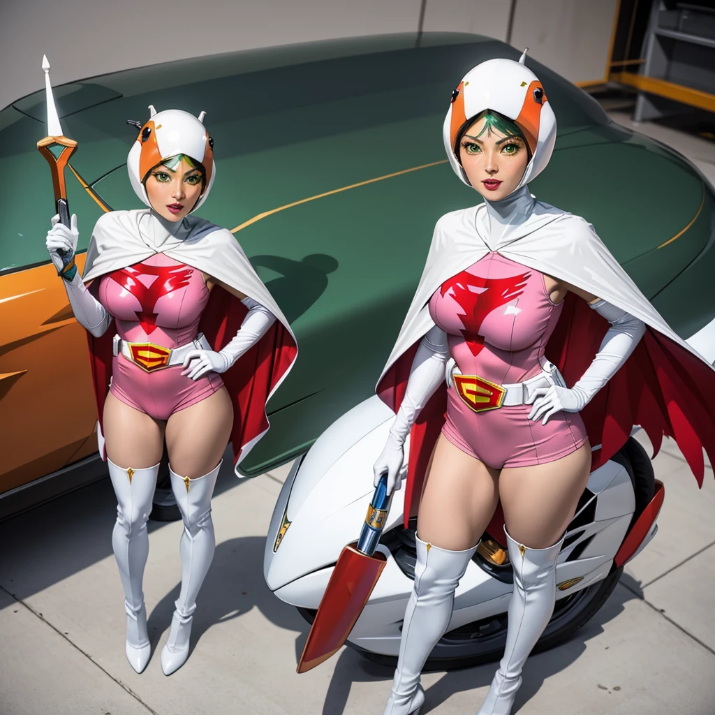 ANI_CLASSIC_jun_gatchaman_ownwaifu,1girl, , good anatomy, masterpiece, best quality, realistic, hyperrealistic, 16k hdr, breasts, green eyes, lips, large breasts, lipstick, makeup, gloves, cape, helmet, beltlbow gloves, white gloves, mask, ultra miniskirt, leotard, spacesuit, white tight overknee highheels boots, pink dress, superhero,bodysuit,(lying flat poses, view from above),pantyhose